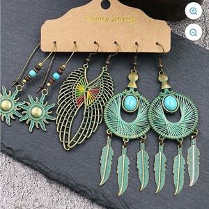 Boho Turquoise and Gold Angel Wing Earrings Set